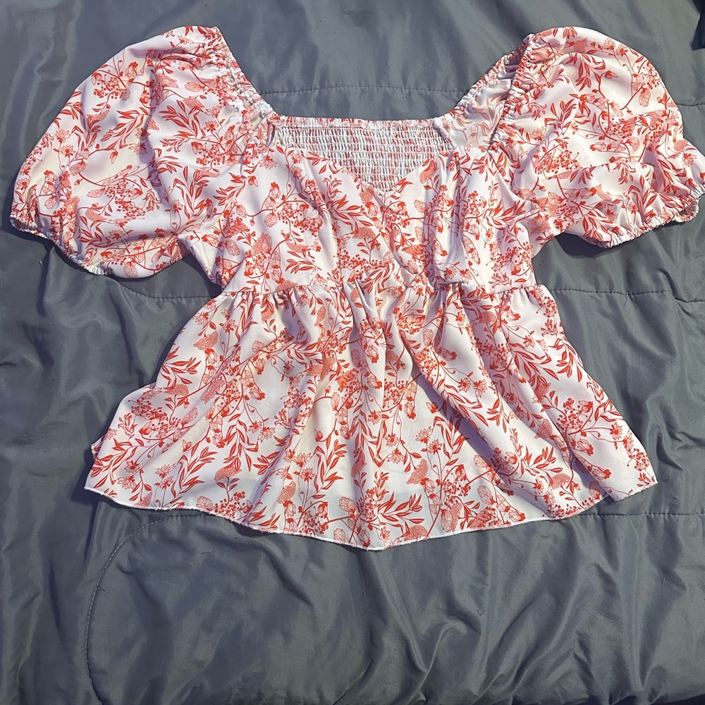 SHEIN Orange and Pink Puff Sleeve Smocked Blouse
